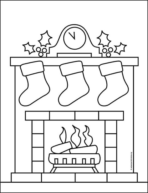 Easy Fireplace Drawing, How To Draw A Chimney, Christmas Fireplace Drawing, Draw A Fireplace, Cute Easy Christmas Drawings, Holiday Drawing Ideas, Christmas Pictures To Draw, Christmas Tree Paper Craft, Fireplace Drawing