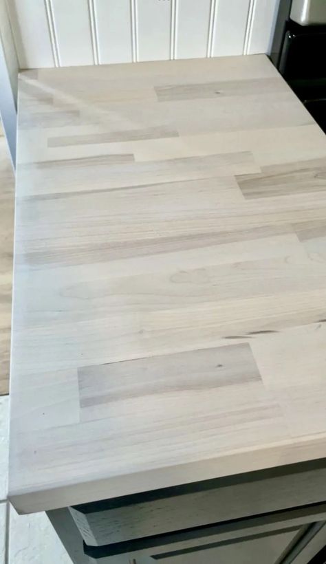 Butcher Block Island Decor, Light Stain Butcher Block Countertops, Grey Stain Butcher Block Countertops, Beech Butcher Block Countertops, Grey Wash Butcher Block Countertops, Whitewashed Butcher Block Countertops, Whitewashed Butcher Block, Butcher Block Bench Seat, Whitewash Countertop