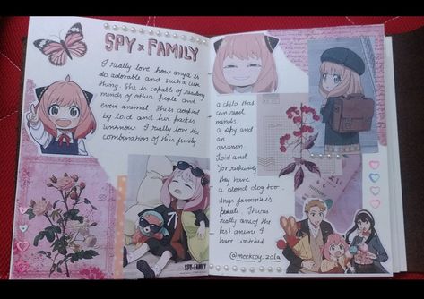 Pink theme journal Spy X Family Bookmark, Spy X Family Journal, Anya Journal, Journal Entries Aesthetic, Anime Scrapbook, Anime Notebook, Anya Forger Spy X Family, Spy X Family Anime, Family Journal