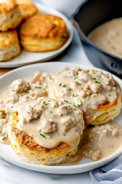 Southern-style biscuits and gravy is such a treat! The savory, creamy sausage gravy is poured over tender biscuits for a breakfast to remember. Easy Biscuits And Gravy, Buttery Biscuits, Homemade Biscuits, Sausage Gravy, Biscuits And Gravy, Buttermilk Biscuits, How To Cook Sausage, Gravy Recipes, Sausage Breakfast