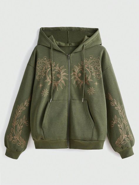 Sun & Leaf Graphic Zip Up Drawstring Thermal Lined Hoodie Hippie Sun, Leaf Graphic, Hippie Hoodie, Earthy Outfits, Women Sweatshirts, Lined Hoodie, Hippie Outfits, Really Cute Outfits, Dream Clothes