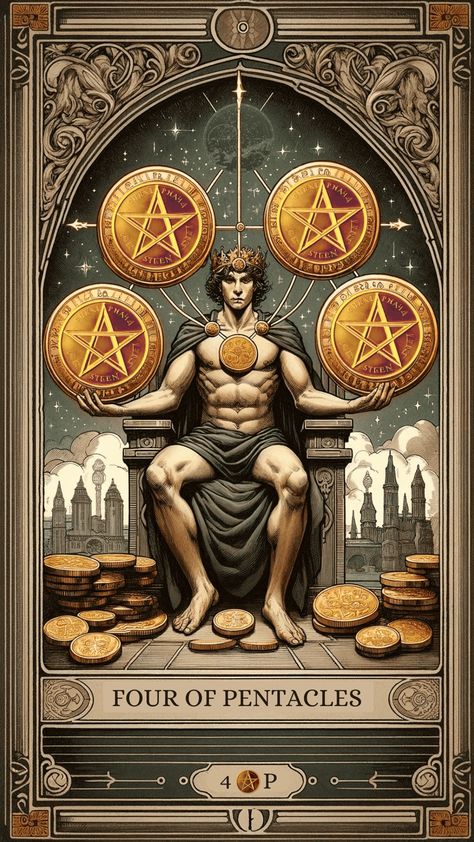 Discover Four of Pentacles Tarot Card Meaning: Wealth, security, and the art of letting go for greater abundance! 💰🔑https://centerspirited.com/tarot/four-of-pentacles-card-meaning/ Tarot Beginners, Tarot Cards Decks Beautiful, Suit Of Pentacles, Four Of Pentacles, Pentacles Tarot, Rider Waite Deck, Tarot Significado, Arcana Tarot, Art Of Letting Go