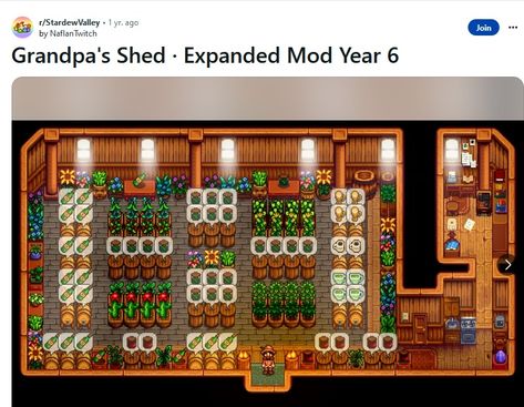 Grandpas Shed Stardew, Stardew Valley Layout, Stardew Valley, Shed, Layout, Arts And Crafts