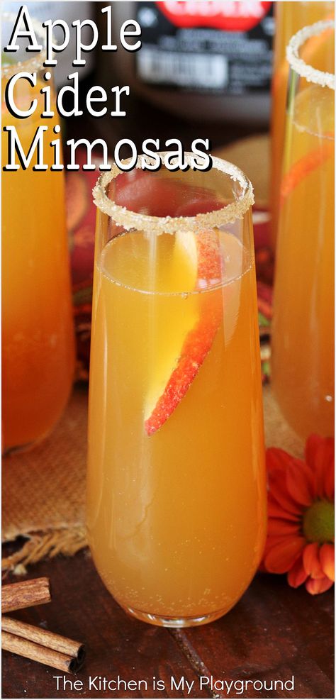 Apple Cider Mimosa in stemless champagne flute, garnished with an apple slice Fall Mimosa, Oktoberfest Recipes, Cider Mimosa, Cider Mimosas, Apple Cider Mimosa, Oktoberfest Food, Cinnamon Syrup, Apple Brandy, Autumn Recipes