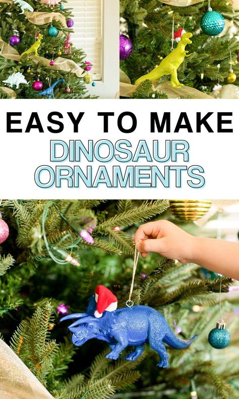 Kid Friendly Christmas Tree, Dinosaur Christmas Decorations, Mini Santa Hat, Toddler Ornaments, Dinosaur Christmas Tree, Dinosaur Christmas Ornament, Christmas Gift Themes, Diy Dinosaur, Dinosaur Ornament