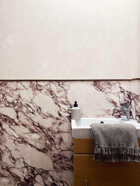 This Powder Room Features a Realistic-Looking Stone Wallpaper Anaglypta Wallpaper, Calacatta Viola Marble, Viola Marble, Calacatta Viola, Powder Room Wallpaper, Powder Bathroom, Half Walls, Old Bathroom, Stone Wallpaper