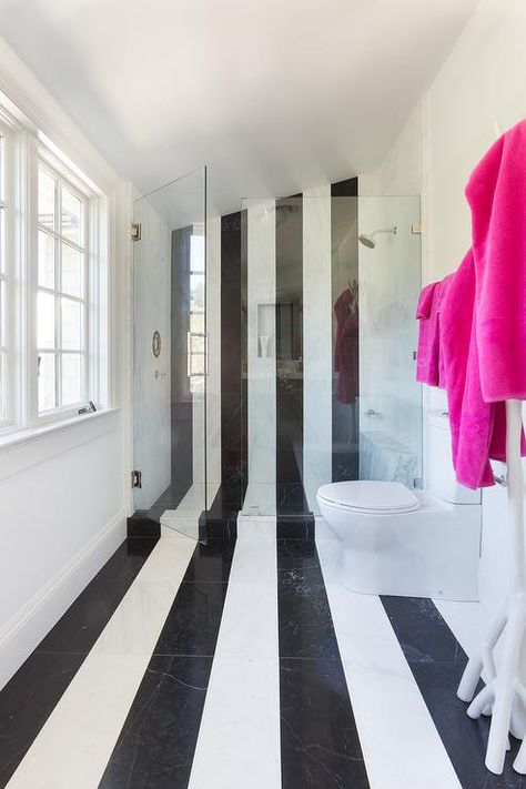 Contemporary kid's bathroom features black and white marble stripe floors which seamlessly continues to the walk in shower. Bathroom Black And White, Marble Interior Design, Black And White Flooring, Trendy Bathroom Tiles, Zelda Fitzgerald, Striped Tile, Marble Interior, White Marble Floor, Children Hospital