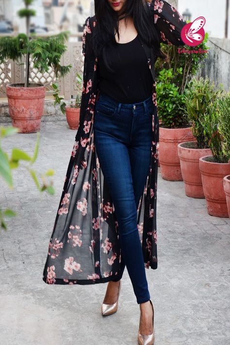 Black Printed Peach Floral Georgette Full Sleeves Long Shrug Long Shrugs Outfit Jeans, Long Shrugs Outfit Indian, Long Shrugs Outfit, Black Shrug Outfit, Shrugs With Jeans, Kpop Closet, Long Shrug, Trendy Outfits Indian, Black Shrug