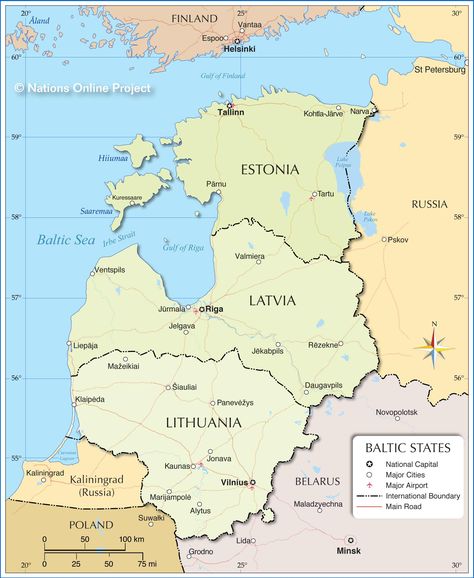 Map of the Baltic States showing the three Baltic countries and the location of major cities, main roads, and airports. Military Graphics, Language Map, Cartography Map, Hand Lettering For Beginners, Baltic Countries, Baltic States, World Geography, Map Globe, Country Maps