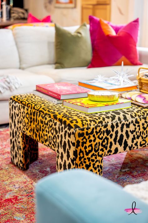 When I saw this cheetah print coffee table, I KNEW it would be perfect for my living room.  #livingroom #colorfulinteriors Leopard Furniture Interior Design, Bright Interior Design, Bright Interior, Animal Print Decor, Jungle House, I Knew It, My Living Room, Black Hairstyles, Decoration Inspiration