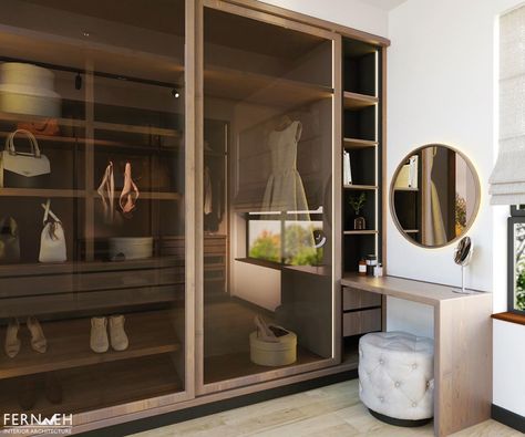 Dressing table integrated into wardrobe with sliding tinted glass doors Dressing With Glass Doors, Tinted Wardrobe, Tinted Glass Wardrobe, Sliding Wardrobe With Dressing Table, Glass Wardrobe Doors, Walkin Closets Design, Glass Sliding Wardrobe, Wall Wardrobe, Dressing Unit