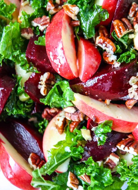 This vibrant and nutritious kale and beet salad with apples is a delicious combination of earthy beets, crisp apple slices, and hearty kale, tossed in a simple maple and cider vinaigrette. Kale Beet Salad, Kale And Beet Salad, Maple Cider Vinaigrette, Beets Salad, Salad With Apples, Cherries Salad, Apple Walnut Salad, Cider Vinaigrette, Roasted Beet Salad