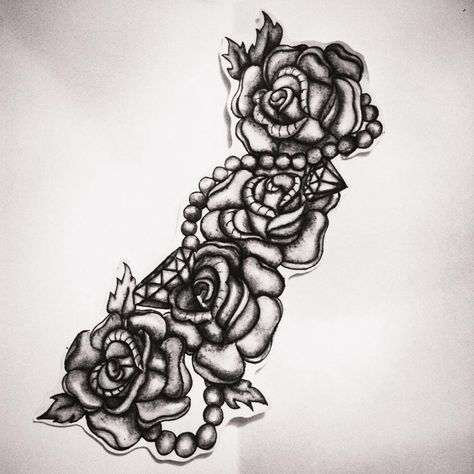 tattoo design- roses, pearls and diamonds Diamond Sleeve Tattoo, Pearls Tattoo, 3 Roses Tattoo, Rose And Pearl, Pearl Tattoo, Roses And Pearls, Flower Tat, Tattoo Apprenticeship, Diamond Tattoos