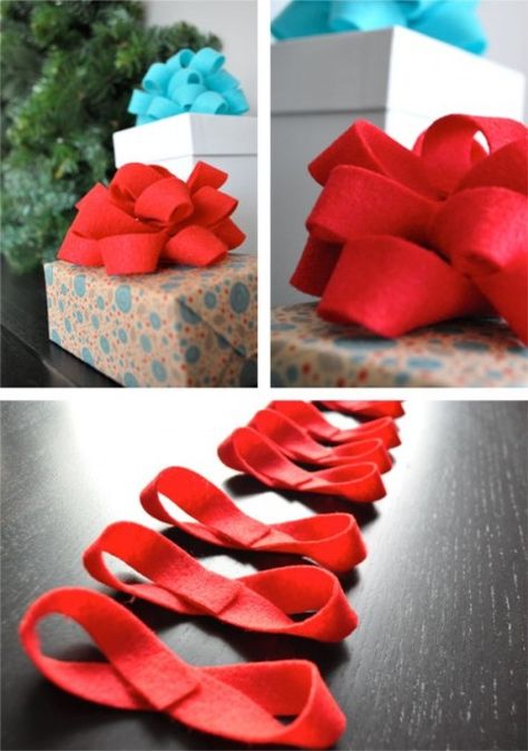 Same instructions as the paper DIY bow, just felt! Could also use ribbon!! Presente Diy, Astuces Diy, Felt Gifts, Merry Christmas Eve, Felt Bows, Navidad Diy, Diy Gift Wrapping, Gift Bows, Wrapping Ideas