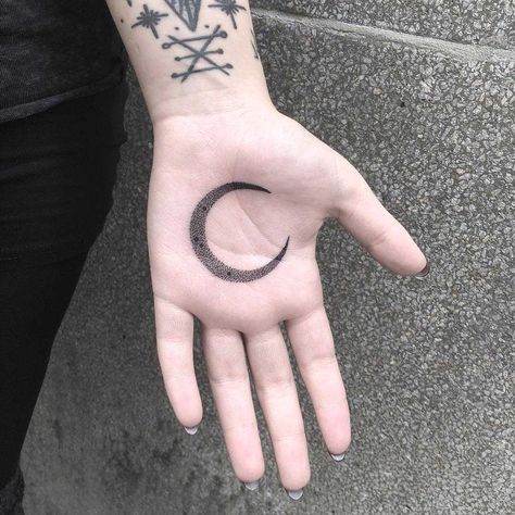 Crescent dot-work style moon tattoo on the left palm Palm Of Hand Tattoo, Hand Palm Tattoos, Palm Size Tattoos, Hand Tattoo Images, Palm Of Hand, Occult Tattoo, Crescent Moon Tattoo, Circle Tattoos, Palm Tattoos