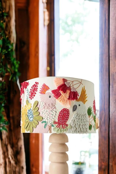 15 Beautiful Embroidered Lampshades for Your Home Punch Needle Lampshade, Embroidery Lampshade Diy, Lampshade Embroidery, Embroidery Lampshade, Embroidered Lamp, Embroidered Hanging Lamp, Embroidered Lampshade, Embroider Lamp Shade, Floral Lampshade