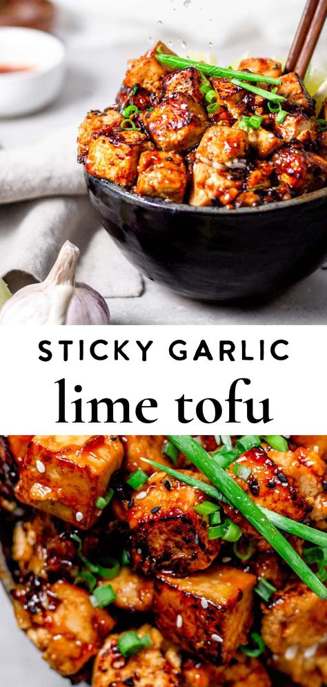 If you're in the mood for an easy weeknight dinner, this sticky panfried garlic lime tofu is for you! This tofu is marinated to perfection, panfried, and then coated in a thick, sticky, sweet yet savory, garlic lime sauce. Stir Fry Veggies, Resep Vegan, Garlic Tofu, Tofu Recipes Healthy, Plat Vegan, Tofu Recipes Vegan, Tofu Dishes, Lime Sauce, Tasty Vegetarian Recipes