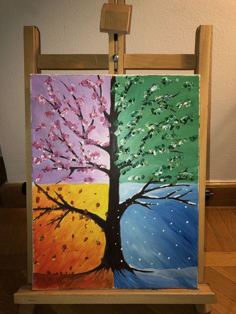 Spring Summer Autumn Winter Drawing, Summer And Winter Drawing, Winter Spring Summer Fall Art, Seasonal Canvas Painting Ideas, Spring Summer Autumn Winter Art, Summer Season Drawing Ideas, Autumn Canvas Painting Ideas, Easy Spring Painting Ideas On Canvas, Spring Drawing Easy