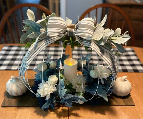 Pumpkin Wreath Centerpiece, Pumpkin Centerpieces Diy, Dollar Tree Pumpkins, Metal Pumpkins, Dollar Tree Hacks, Scrap Material, Pumpkin Centerpieces, Pumpkin Wreath, How To Make Ribbon