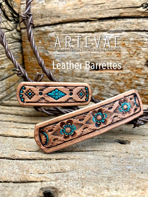 Tooled Leather Hair Barrette, Tooled Leather Hair Clips, Leather Barrettes, Leather Hair Clips, Custom Leather Work, Leather Hair Accessories, Leather Stamping, Handmade Leather Jewelry, Diy Leather Projects