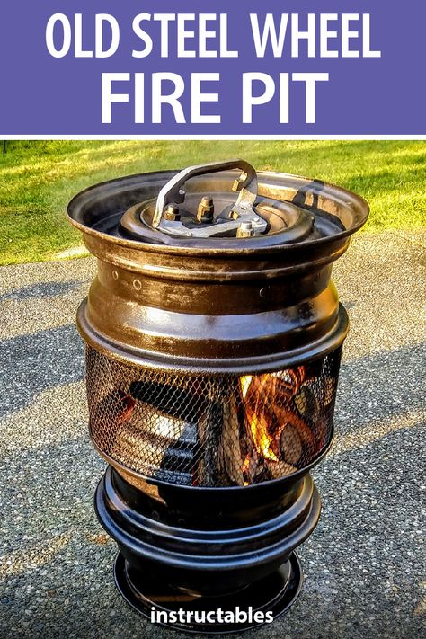 Construct old steel wheels into a fire pit. #Instructables #workshop #outdoors #upcycle #reuse #BBQ Rim Fire Pit, Building A Chicken Run, Wheel Fire Pit, Bike Rollers, Hummingbird House, Fire Pit Ideas, Rain Collection, Expanded Metal, Rocket Stoves