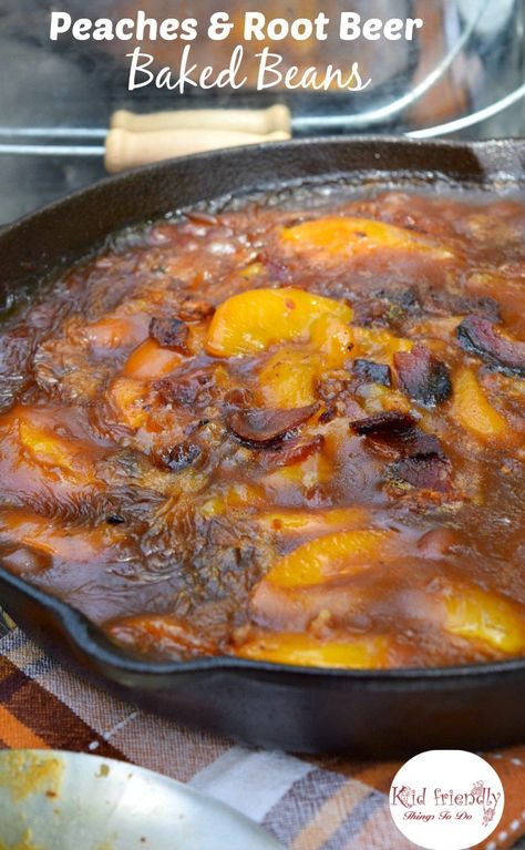 Peaches and Root Beer Campfire Baked Beans Root Beer Baked Beans, Garlicky Green Beans, Baked Tilapia, Campfire Food, Backpacking Food, Campfire Cooking, Fun Easy Recipes, Easy Family Meals, Cast Iron Skillet