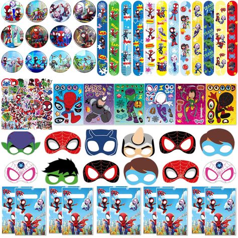 PRICES MAY VARY. 【Package Includes】110Pcs Spidey and His Amazing Friends Party Favors Include 12 Slap Bracelets,12 Make a Spidey Face Stickers,12Spider paper Masks,12 Spider Button Pins,50 Spider Stickers and 12 Gift Bags You can prepare gifts for 12 at the same time. 【Safe And Environmentally Friendly】All Spidey party favor presents are carefully collected,The slap bracelet and Button Pins are made of safe material, and the stickers is made of PVC waterproof material. The straw is made of food- Spider Man Birthday Games Activities, Spidey And His Amazing Friends Birthday Decorations Ideas, Spidey And His Amazing Friends Birthday Party, Spidey And His Amazing Friends Party, Spidey And His Amazing Friends Birthday, Spider Button, Friends Party Favors, Disney Stencils, Spidey Party