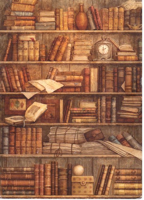 Harry Potter Library, Granny House, Painted Bookshelves, Altered Book Journal, Vintage Bookshelf, Library Art, Building Drawing, Book Drawing, Book Images