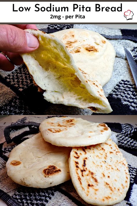 This simple Low Sodium Pita Bread is easy to make and still tastes better than what you can buy at the store! Heart Healthy Bread Recipes, Low Sodium Bread Recipe, Low Sodium Recipes Easy, Salt Free Bread Recipe, Low Sodium Biscuit Recipe, Low Carb Low Sodium, Low Sodium Meals, Sodium Free Recipes, Healthy Heart Recipes