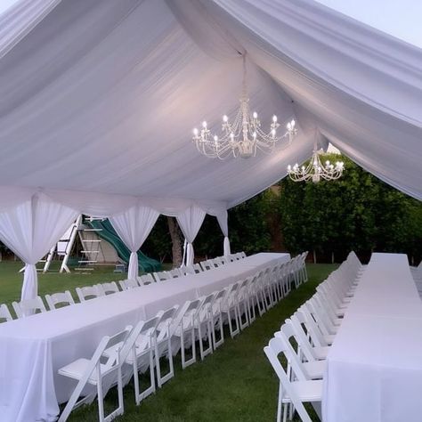 Party Powers | Event Rentals, Tent Draping, Balloons & More (@partypowersinc) • Instagram photos and videos Backyard Tent Party, White Canopy Tent, Titan Academy, Draping Decor, Sweet 16 Party Planning, Tent Draping, Tent Decor, Backyard Tent, White Party Decorations