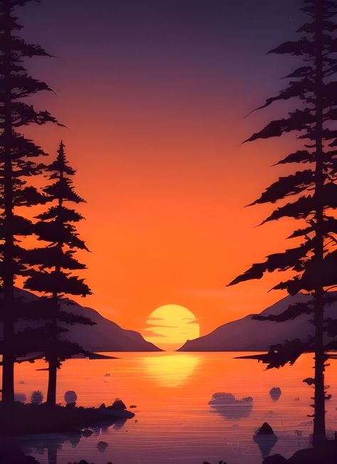 Sunrise Over Mountains Painting, Sunset Lake Painting Easy, Digital Art Scenery Landscapes, Sunrise Digital Art, Lake Drawing Simple, Simple Landscape Drawing Ideas, Glass Painting Scenery, Sunrise Painting Ideas, Sunrise Drawing Simple