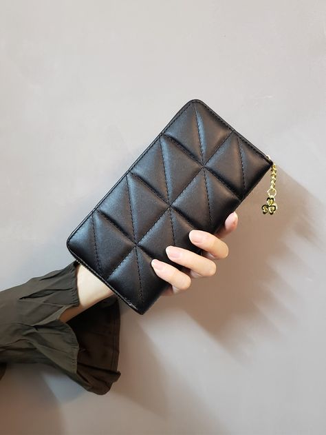 Black Elegant Collar  PU Leather Quilted Long Wallet Embellished   Women Bags Clover Decor, Smartphone Bag, Elegant Wallet, Geometric Quilt, Quilted Wallet, Cute Wallets, Work Gifts, Checkbook Cover, Ladies Clutch