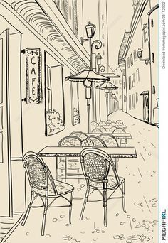 Coloring page & line art Town Drawing, Paris Drawing, Perspective Sketch, Street Cafe, Perspective Drawing Lessons, Architecture Sketchbook, Perspective Art, Architecture Drawing Art, Paris Cafe