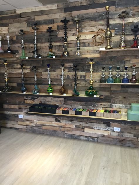 Hookah shisha wall by Roots Smoke Shop Chicago made of reclaimed wood. Hokaah Lounge, Shishalounge Design, Sisha Bar, Nargila Bar, Bar Interior Design, Head Shop, Bar Interior, Lounge Design, Outdoor Restaurant