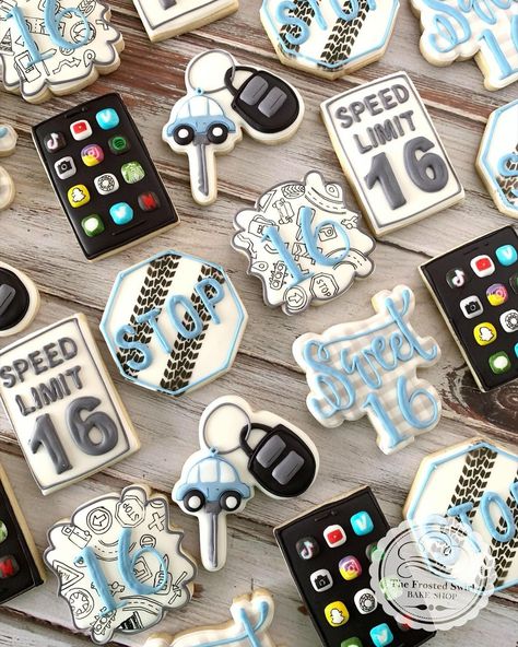 Boys Sweet 16 Party Ideas Decoration, Sweet Sixteen Cookies Ideas, Sweet Sixteen Cookies, Sweet Sixteen Cookies Decorated, Sweet 16 Custom Cookies, Sweet 16 Cookie Cake Ideas, Sweet 16 For Boys, Sweet Sixteen Party Themes, Toddler Boy Birthday