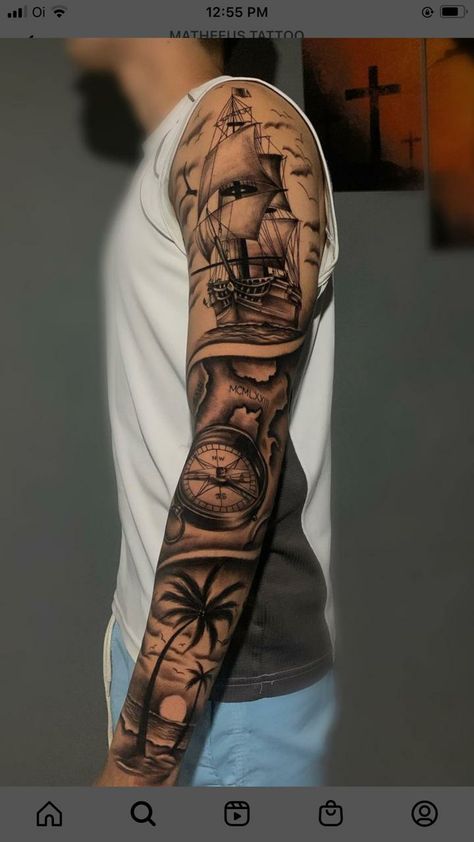 Nautical Sleeve Tattoo Mens, Nautical Compass Tattoo Men, Ship Tattoos For Men, Travel Sleeve Tattoo, Navy Tattoos For Men, Male Sleeve Tattoos, Nautical Tattoo Ideas, Nautical Sleeve, Nautical Compass Tattoo