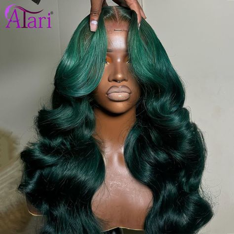 High Density Dark Green Body Wave Human Hair Wigs Transparent 5x5 Closure Lace Wig Pre Plucked Green Wig, Long Curly Wig, Ombre Wigs, Body Wave Wig, Green Ombre, Lace Closure Wig, Wigs For Women, Real Human Hair, Green Lace