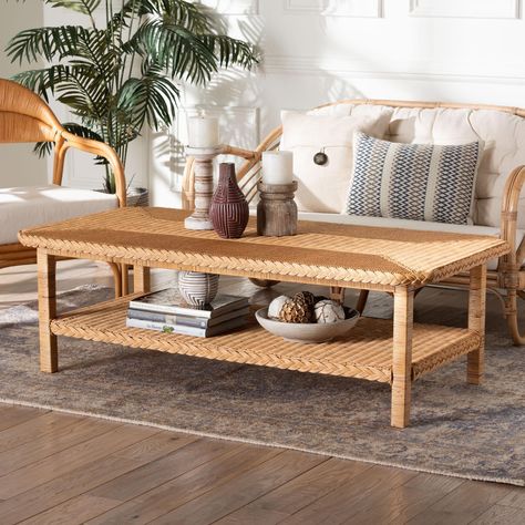 Lend an aura of exotic flair to your space with the stunning Minahasa coffee table. Made in Indonesia, this bohemian piece consists of a solid wood frame beautifully handwoven with natural rattan by skilled artisans. Boho Moroccan Living Room, Bohemian Coffee Table, Wicker Coffee Table, Florida Room, Rattan Coffee Table, Living Room Bench, Outdoor Bar Stools, Visual Texture, Coffee Table Wayfair