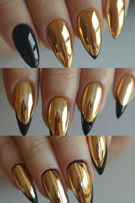 Gold French Tip Nails Black And Gold Chrome Nails, Gold And Black Nails, Gold French Tip Nails, Gold French Tip, Bday Nails, Nails Collection, French Tip Nail Designs, Acrylic Nail Set, Dope Nail Designs