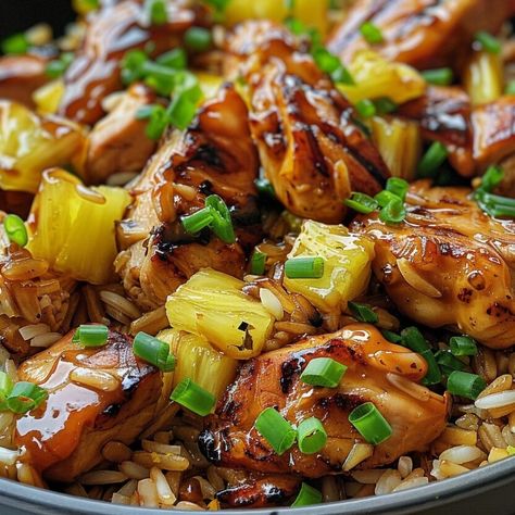 Sweet & Savory Pineapple Chicken with Rice Hawaiian Chicken Rice Casserole, Pineapple Barbeque Chicken, Pineapple Chicken And Rice Bowl, Chicken Rice Pineapple Recipes, Pineapple Chicken And Rice Recipe, Chicken And Pineapple Recipes, Chicken Pineapple Recipe, Bbq Chicken With Pineapple, Pineapple Chicken Fried Rice