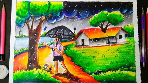 Beautiful Scenery Drawing, Village Scene Drawing, Scenery Drawing For Kids, Easy Scenery Drawing, Oil Pastel Landscape, Village Drawing, Colour Drawing, Drawing Scenery, Scenery Drawing