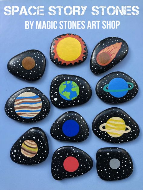 Help your kids learn about our Solar System and Planets with this Montessori inspired story stones play set - Outer Space. Children will have fun putting the planets in order and learning the names. Each planet has its name on the back of the stone. Perfect for homeschool, as a busy binder activity, or file folder game. A great addition to preschool or kindergarten curriculum, or as a fun review for older kids. Let your children enjoy imaginative play and provide them with sensory stimulation. Planets Activities, Educational Toys For Preschoolers, Space For Kids, Solar System Crafts, Space Story, Story Stone, Story Stones, Montessori Educational Toys, Art Pierre