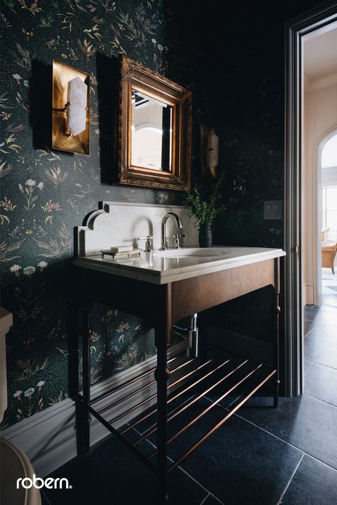 One more look from @jeanstofferdesign's Woodward Home because we can’t get enough of the transformation! Pictured is our Stanwyck vanity from the @annsacks Curated Bath collection. #robern #interiordesign #luxurybathroom #bathroomdesign #vanity #bespokedesign #jeanstofferdesign #bathroomdesigninspo Weeds Wallpaper, Jean Stoffer Design, Jean Stoffer, Moody Bathroom, Ann Sacks, Casa Country, Concept Board, Kitchen Inspiration Design, Flipping Houses