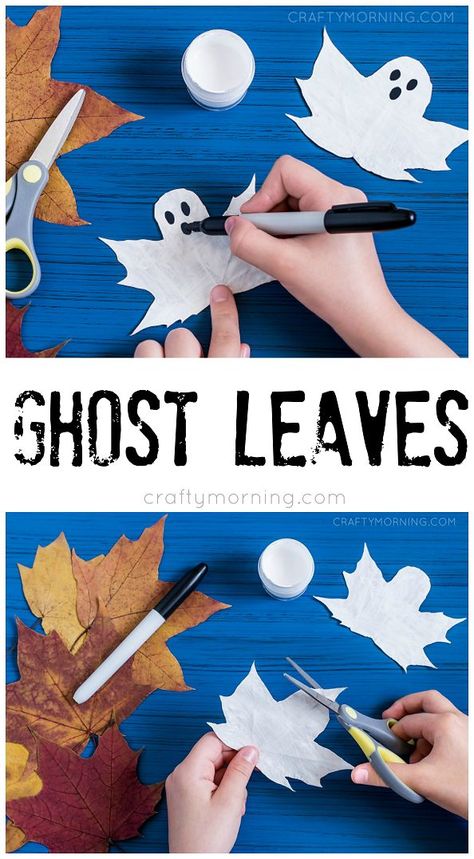 Ghost leaf craft for kids! Fun art project for fall time. Turn maple leaves into ghosts for halloween! Leaf Craft, Halloween Art Projects, Ghost Crafts, Mascaras Halloween, Halloween Crafts For Toddlers, Fall Art Projects, Easy Fall Crafts, Cool Art Projects, Leaf Crafts