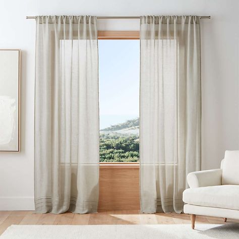 Warm Beige EUROPEAN FLAX ™-Certified Linen Sheer Stripe Window Curtain Panel 52"x84" + Reviews | Crate and Barrel Family Friendly Living Room, Modern Drape, Hang Curtains, Sheer Linen Curtains, Linen Curtain Panels, Layered Curtains, Plain Curtains, White Sheer Curtains, Linen Curtain