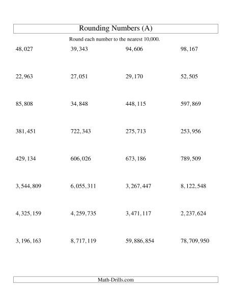 Rounding Numbers to the Nearest 10,000 (U.S. Version) Rounding Numbers Game, Rounding To The Nearest 10, Rounding Worksheets, Rounding Whole Numbers, Teaching Decimals, Number Sense Worksheets, Elementary Math Lessons, Rounding Numbers, Math Drills