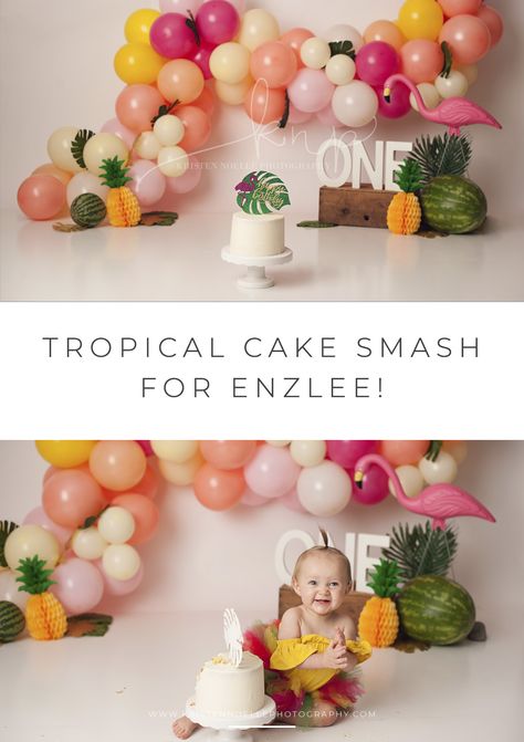 2nd Birthday Cake Smash, First Birthday Luau Girl, Hawaiian Smash Cake, Aloha Party Decorations, Tutti Frutti Birthday Party, Tropical Cake, Hawaiian Cake, Cake Smash Theme, Flamingo Themed Party