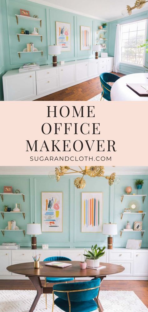 Our Home Office Design Makeover Reveal Office Decor Workplace, Dark Wood Dining Table, Bright Office, Color Office, Office Wall Design, Pretty Office, Traditional Desk, Work Productivity, Work Spaces