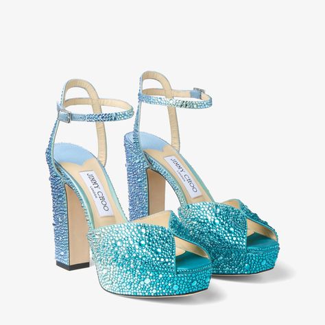 SACARIA/PF 120 | Peacock Satin Platform Sandals with Crystals | Summer Collection | JIMMY CHOO US Jimmy Choo Sacaria, Peacock Heels, Timeless Glamour, Jeweled Shoes, Crystal Heels, Jimmy Choo Heels, Platform Block Heels, Embellished Sandals, Jimmy Choo Shoes