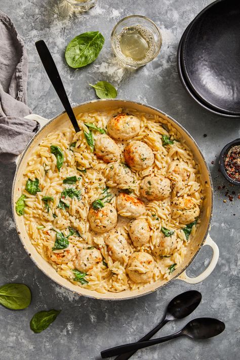 Chicken Meatballs And Orzo, Chicken Meatballs With Orzo, Creamy Parmesan Orzo, Pastina Recipes, Parmesan Orzo, Creamy Orzo, Baked Chicken Meatballs, Orzo Recipe, Low Calorie Chicken